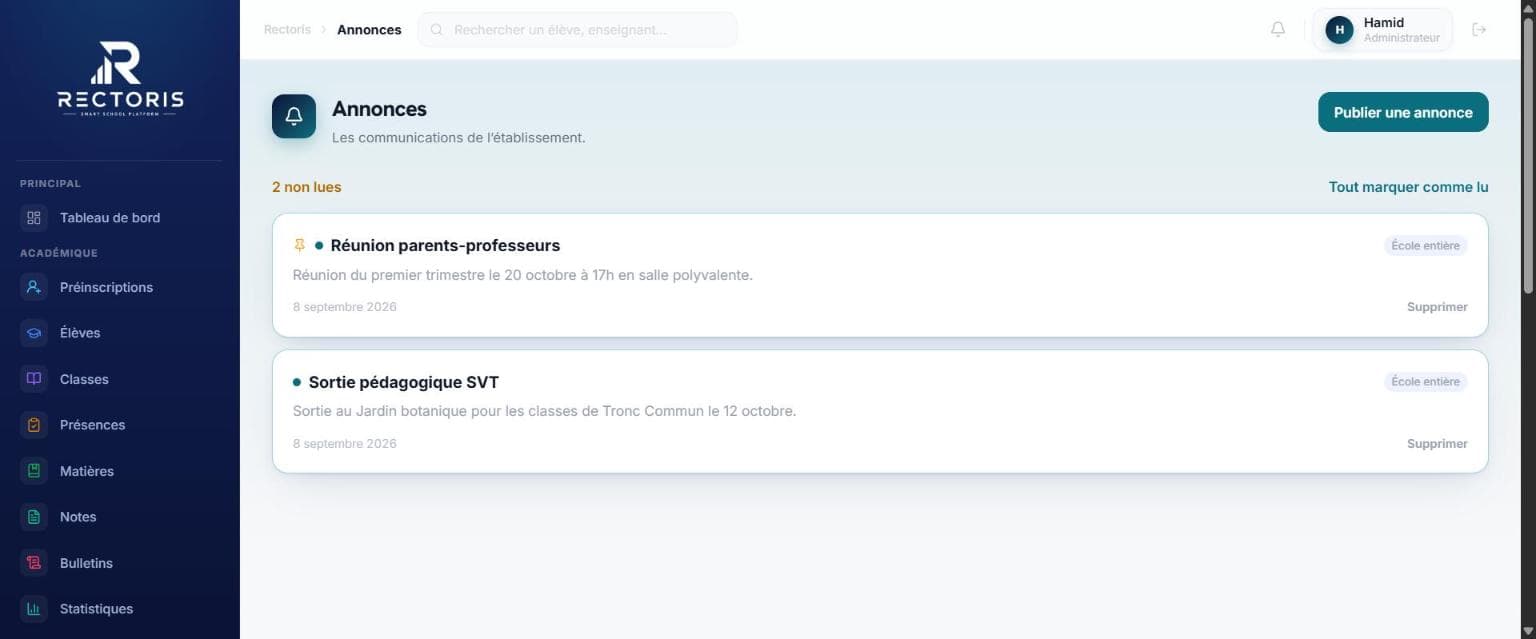 Capture d'écran du module Annonces dans Rectoris