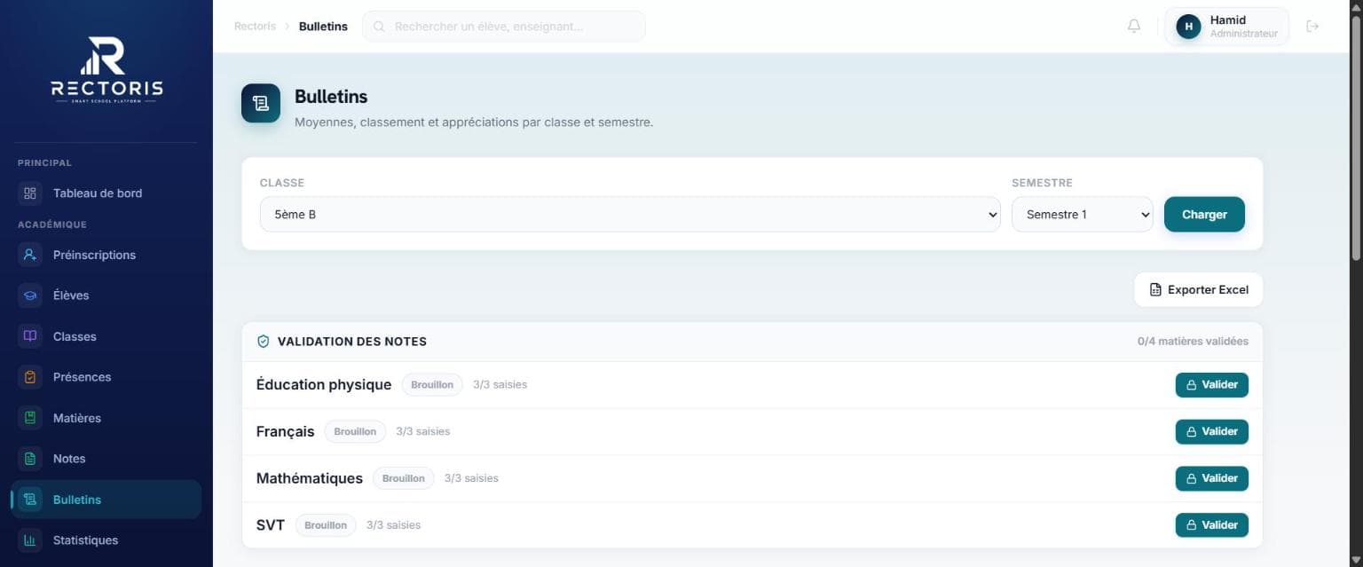 Capture d'écran du module Bulletins dans Rectoris