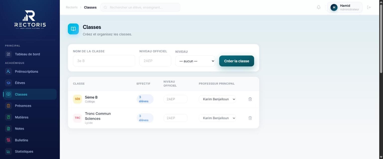 Capture d'écran du module Classes dans Rectoris