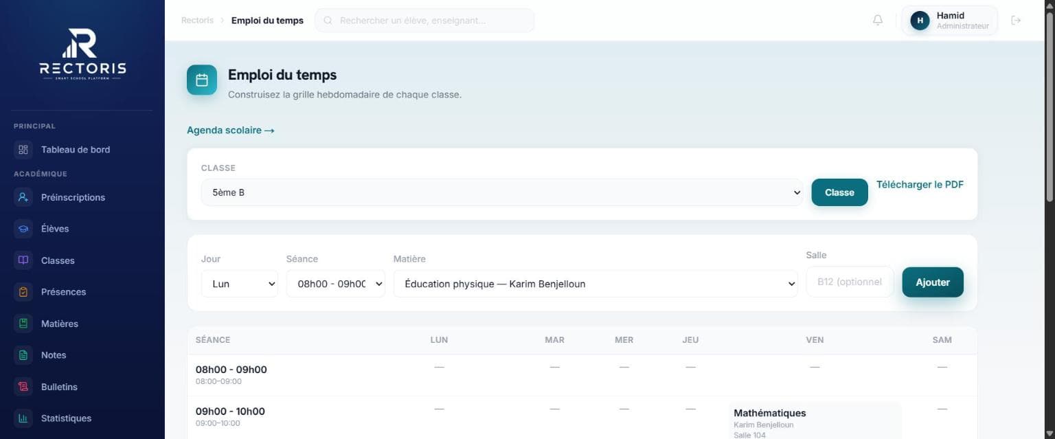 Capture d'écran du module Emploi du temps dans Rectoris