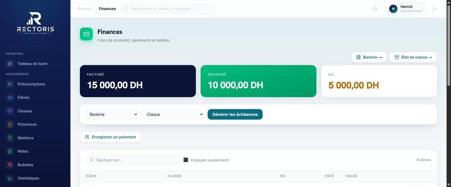 Capture d'écran du module Finances dans Rectoris