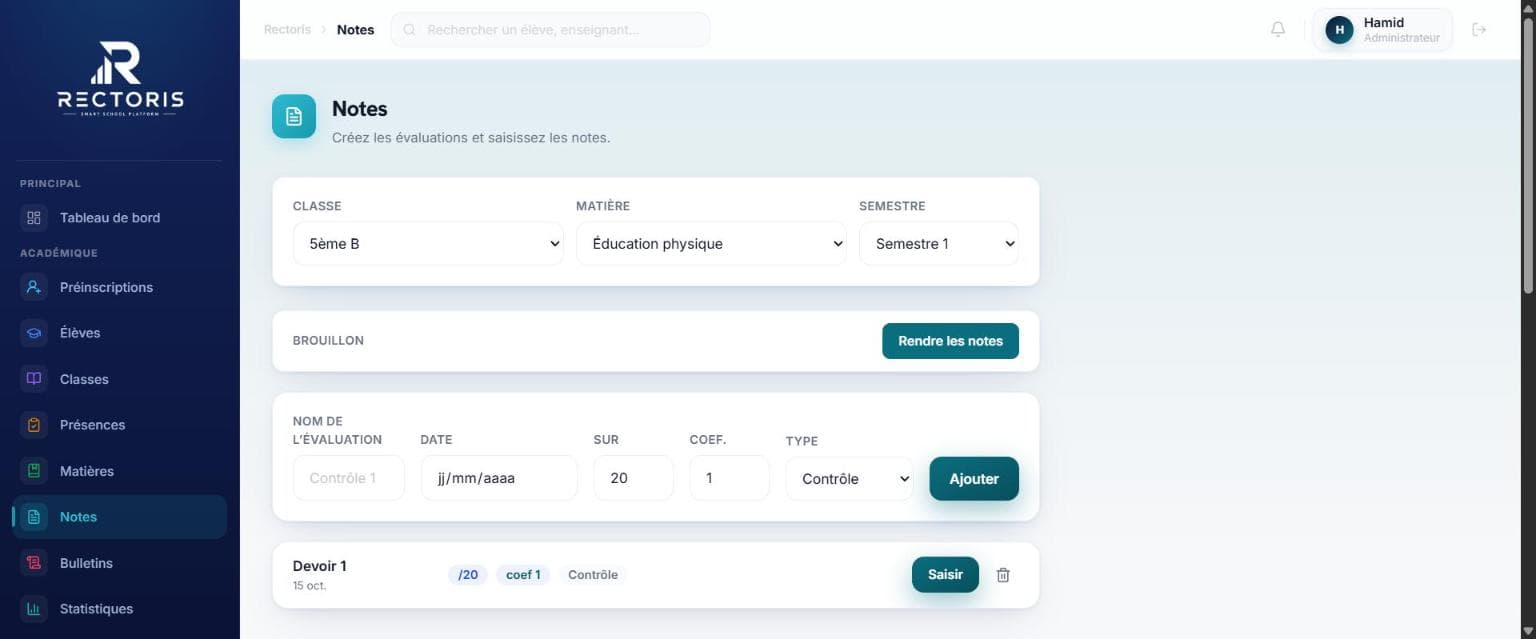 Capture d'écran du module Notes dans Rectoris