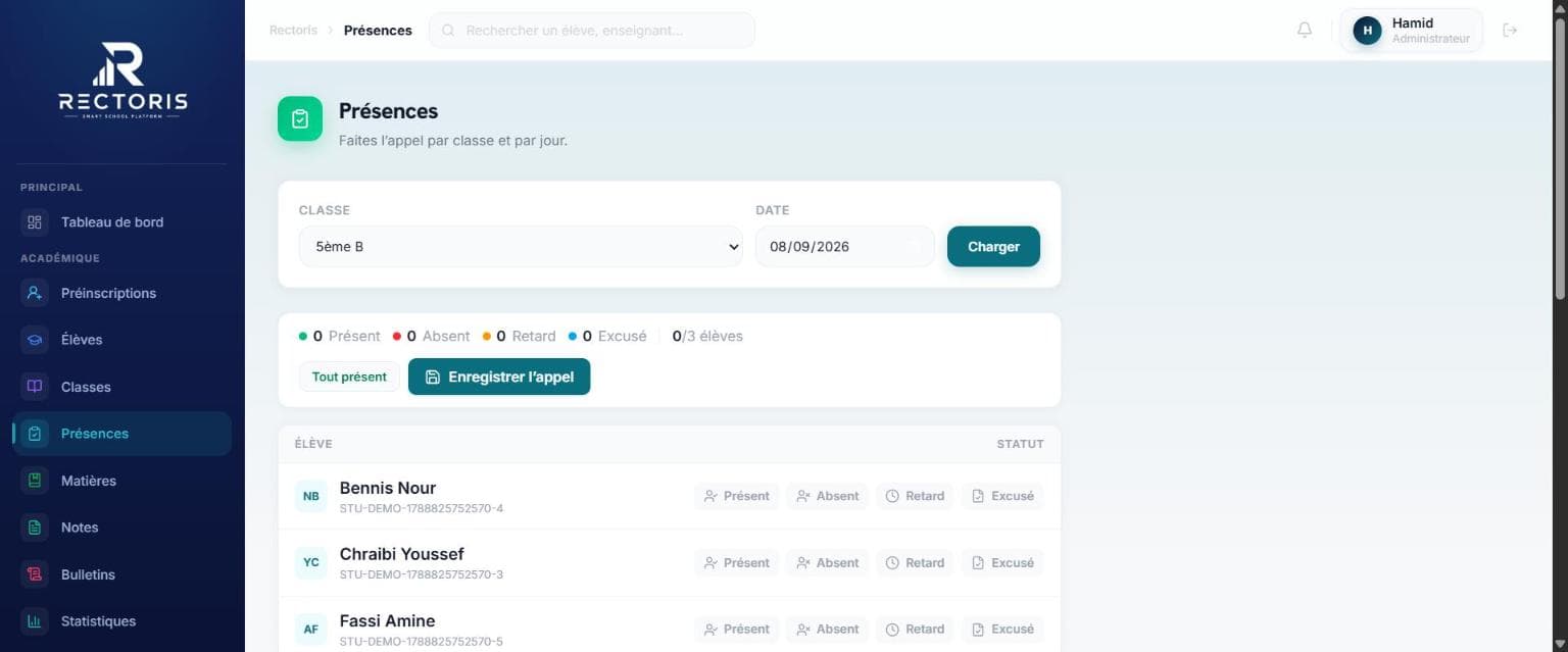 Capture d'écran du module Présences dans Rectoris