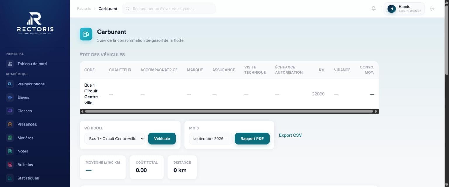 Capture d'écran du module Transport dans Rectoris